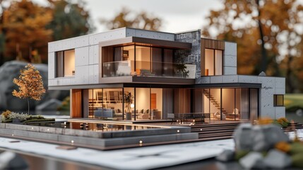 Modern architectural design  a 3d building model overlaid on blueprints showcasing bim technology