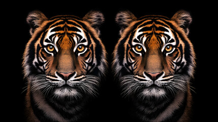 A pair of tigers facing the camera both staring intensely with synchronized golden eyes.
