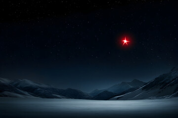 A glowing red Christmas star above a dark, snowy landscape. A glowing Christmas star in the night sky.


