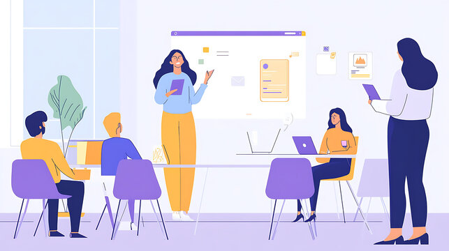 A woman leading a brainstorming session on app development ideas in a modern workspace 