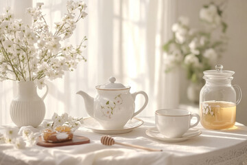 Fototapeta premium Tea setting with a floral teapot, matching teacup, honey jar, and delicate flowers