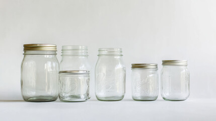 Empty glass jars various sizes clean simple minimalist studio shot containers storage glass jars mason jars transparent clear cylindrical home kitchen pantry organization orderly neat still life