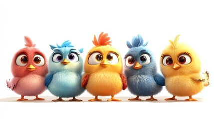 Fototapeta premium Five cartoon birds, pink, blue, yellow, blue and yellow, in a row, looking at the camera.