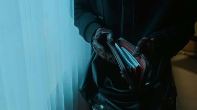 Black male criminal with leather gloves stealing dollar banknotes from wallet and putting them in black bag during apartment heist