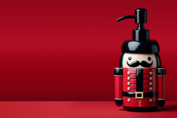 Obraz premium Soap dispenser resembling toy soldier or nutcracker, red and black colors, detailed face, mustache, uniform, festive holiday design, practical and decorative, functional household item, holiday season