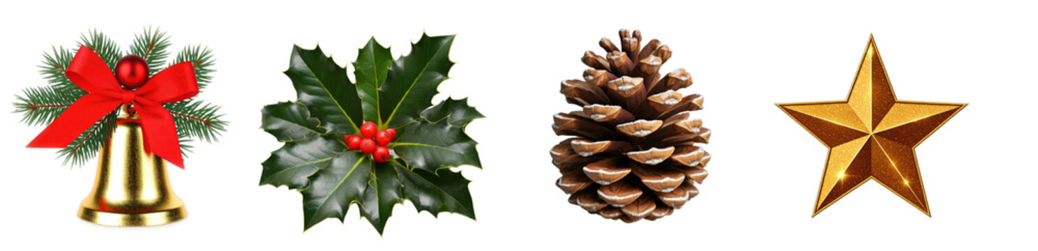 set bundle collection festive Christmas decorations with pine cone, golden star, bell with ribbon, and holly leaves and berries on transparent background 300dpi png