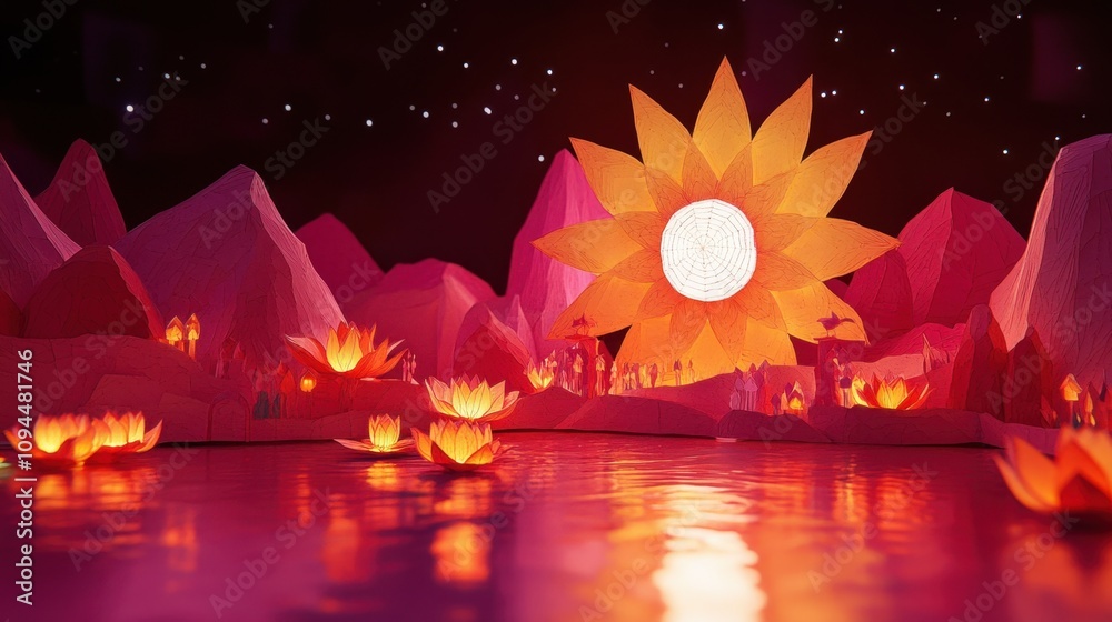 Fototapete a paper-cut world with floating lanterns illuminating a tranquil lake under a dreamy star-filled sky