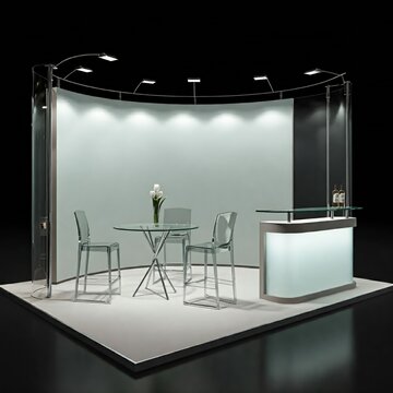 Modern, minimalist exhibition stand featuring a round glass table, bar counter, and chairs with metal legs. The curved glass background and soft lighting create a clean and contemporary atmosphere.