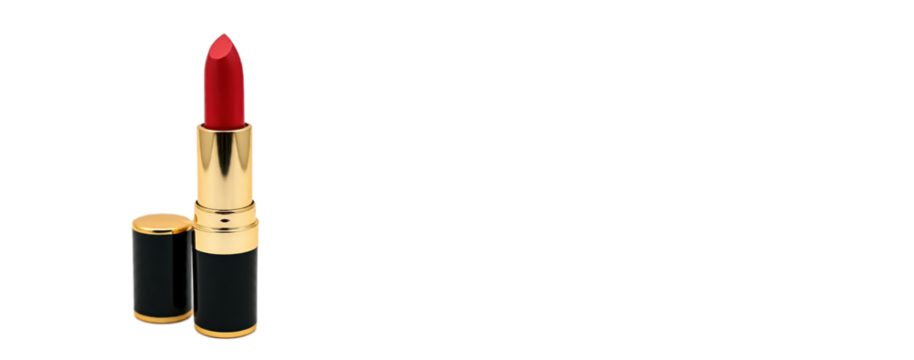 Red lip make up lipstick with golden case on transparent white background 300dpi png