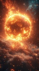 Obraz premium Spherical Energy Bomb Detonating in Cosmic Void with Fiery Particles Spreading Out
