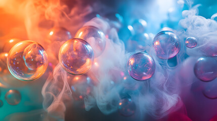 A surreal installation of floating transparent spheres filled with swirling colored smoke.