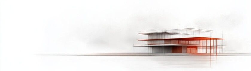 A minimalist architectural rendering showcasing a modern structure with sharp lines and a clean aesthetic in a tranquil, white background.
