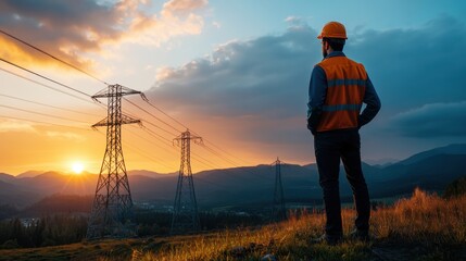 Worker in Safety Vest Observes Power Lines at Sunset in Mountainous Landscape, Symbolizing Energy Infrastructure and Environmental Awareness in Modern Industry