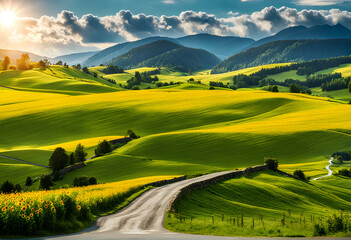 Beautiful landscape with green meadows at sunset. Summer day, golden hour, the sunset is beautiful, the road through a green field with low hills.