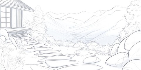 Obraz premium A serene landscape featuring a pathway leading to a mountain view with a traditional structure.