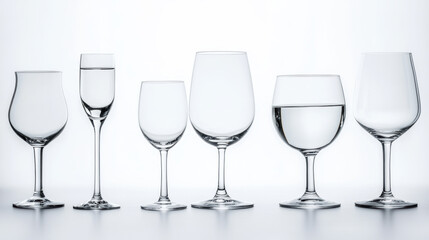 Empty water glasses various styles arranged casually glassware crystal drinking glass wine glass water beverage clear transparent elegant simple clean modern minimalist design collection set