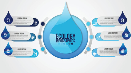 Infographic eco water blue design elements process 6 steps or options parts with water bottle.Ecology organic nature vector business template for presentation.