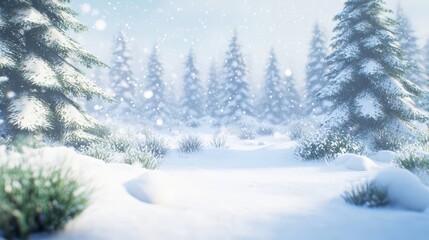 Fototapeta premium Snow-covered evergreen trees in a serene winter landscape on a bright, overcast day, showcasing natural beauty and stillness.
