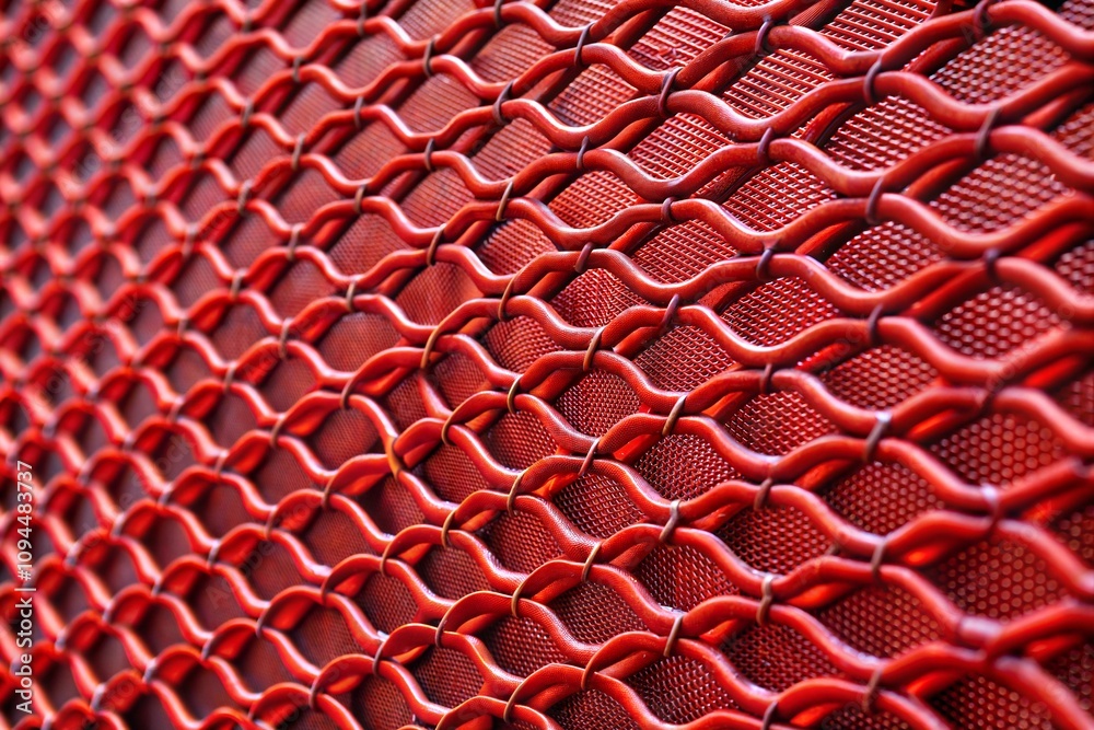 Wall mural intricate red wire mesh texture close-up with metallic grid