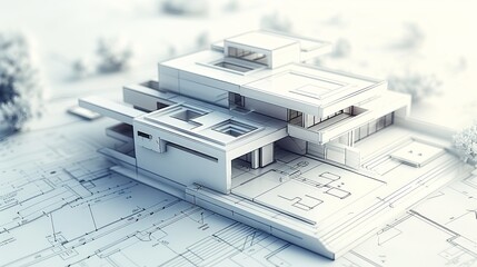 3d digital model of architectural design over blueprints showcasing modern building tech