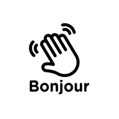 Bonjour text with hand wave icon Black and white outline vector © Kajal