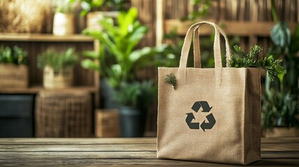 Organic shopping bag concept, a simple jute shopping bag with a recycled material logo, set on a rustic wooden table, natural light spilling across the scene, light and airy atmosphere with green