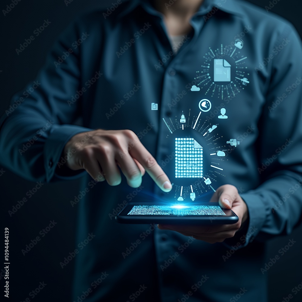 Fototapete digital file download and data transfer technology: a man engaging with a digital interface to strea