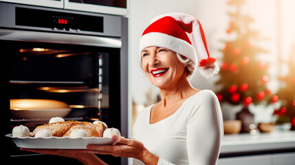 Anciana sonriente sostiene un plato de pavo navideño cocinado en el horno en una cocina moderna. Vacaciones de Navidad, comida y cena de año nuevo en familia.