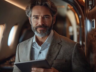 Confident Businessman Stepping off Private Jet with Tablet