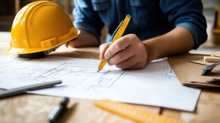 Construction Worker Sketching Design Plans with Pencil While Wearing Safety Helmet on Wooden Table Surrounded by Tools and Drafting Materials