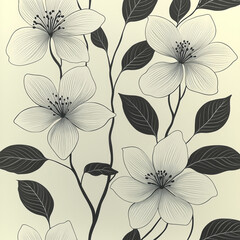 Obraz premium Black and white minimalistic pattern, fine lines and silhouettes of flowers and leaves, strict shapes, clean background, modern graphic style, elegant and calm look