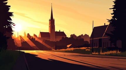 Naklejka premium A serene sunset landscape featuring a church and houses along a quiet road.