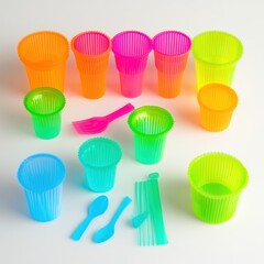 A colorful assortment of plastic cups and utensils, ideal for parties and snacks.