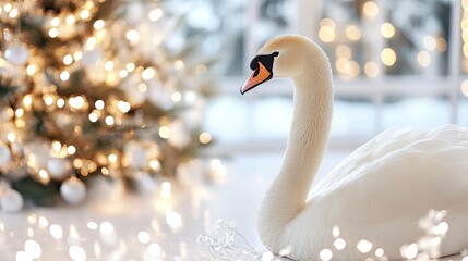 Obraz premium A fluffy swan moves gracefully across a calm body of water, surrounded by soft focus and wonderful bokeh light effects