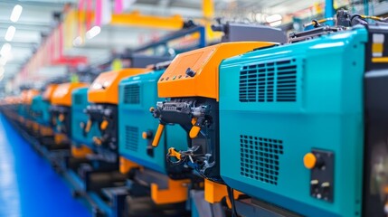 Fototapeta premium Row of Blue and Orange Industrial Machines in a Factory Setting