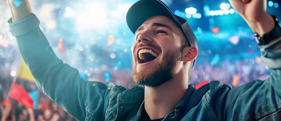 Fototapeta premium Excited concert-goer celebrating at a lively music festival