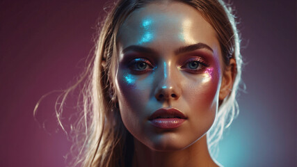 Portrait with blue and pink metallic makeup reflecting light, embodying calmness and modern artistic expression.