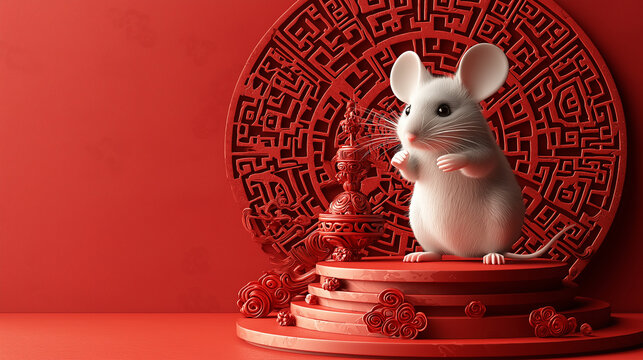 Cute mouse celebrating joyful Chinese New Year with vibrant decor