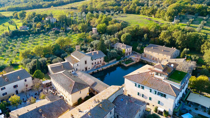 Terme di Bagno Vignoni, Tuscany, Italy, aerial Drone view.