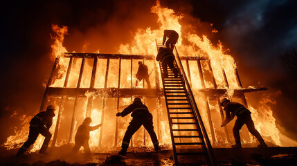 Firefighters bravely rescuing individuals from burning building
