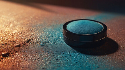 A closed jar with teal blue powder elegantly spilling onto a textured surface, creating a sense of dynamic movement.