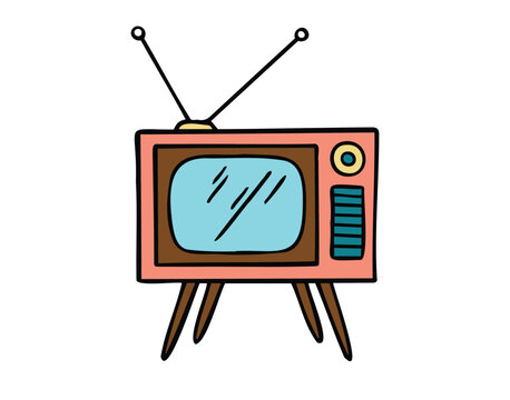 recommend clip art: Hand drawn doodle cute cartoon illustration of retro television. Flat vector old TV sticker in colored doodle style. Vintage retro TV with antenna isolated icon.