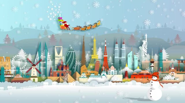 Travel landmarks world with Santa claus and Reindeers and snow sled and Festive boxes of Christmas present with travel Paris in France for anniversary happy new year, 3D rendering illustration.