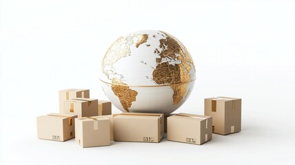 White globe with gold continents surrounded by cardboard boxes
