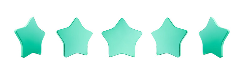 Five green star rating icons on white background for quality or feedback concept