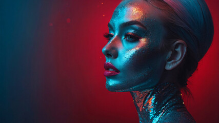 A striking portrait of a woman with colorful glitter makeup, illuminated by vibrant red and blue lighting effects.