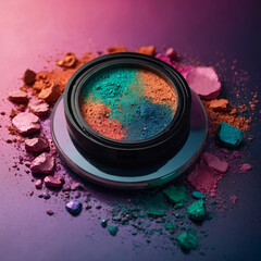 Assorted colorful makeup powders in cracked containers, artistically presented under gentle gradient lighting.