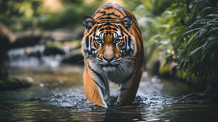 A tiger crossing a shallow stream its eyes locked onto the viewer with a steady gaze.