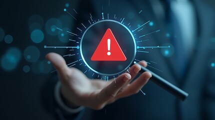 Hand Holding Magnifying Glass with Red Triangle Caution Warning Sign Illustrating Notification Error and Maintenance Concept for Visual Communication