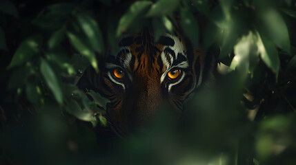 A tiger hidden in dense foliage its amber eyes peeking through the leaves.